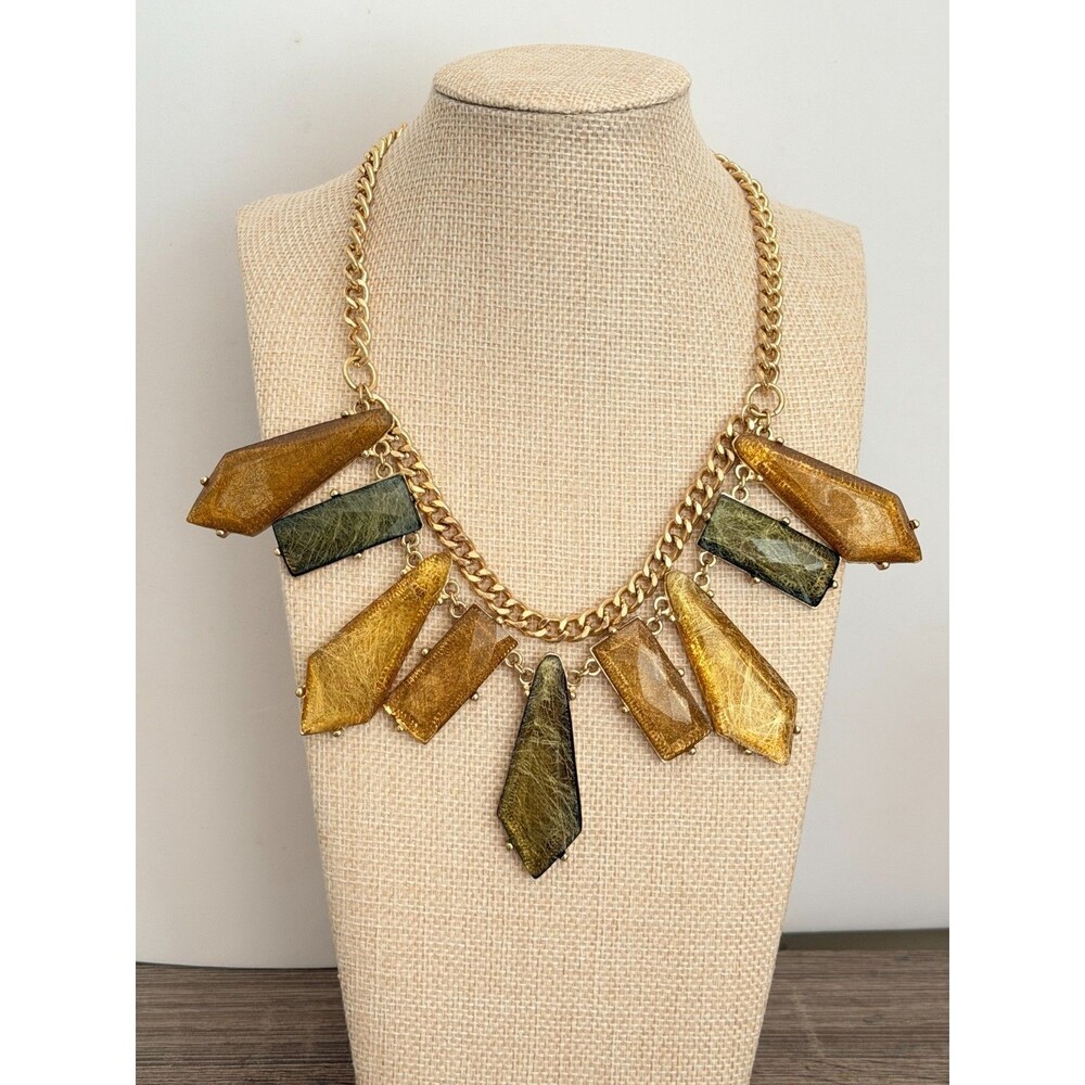 Chunky Gold Tone Multi-Cut Green & Amber Glitter Shard Bib Statement Necklace